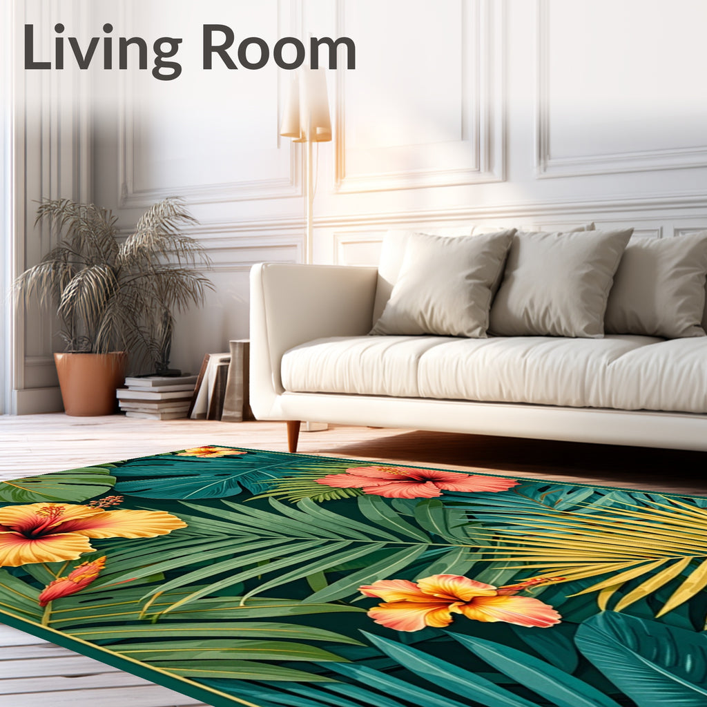 Vibrant Tropical Hibiscus Floral Pattern Rug