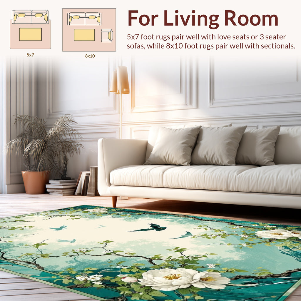Whimsical Birds Blooming Branches Teal Rug