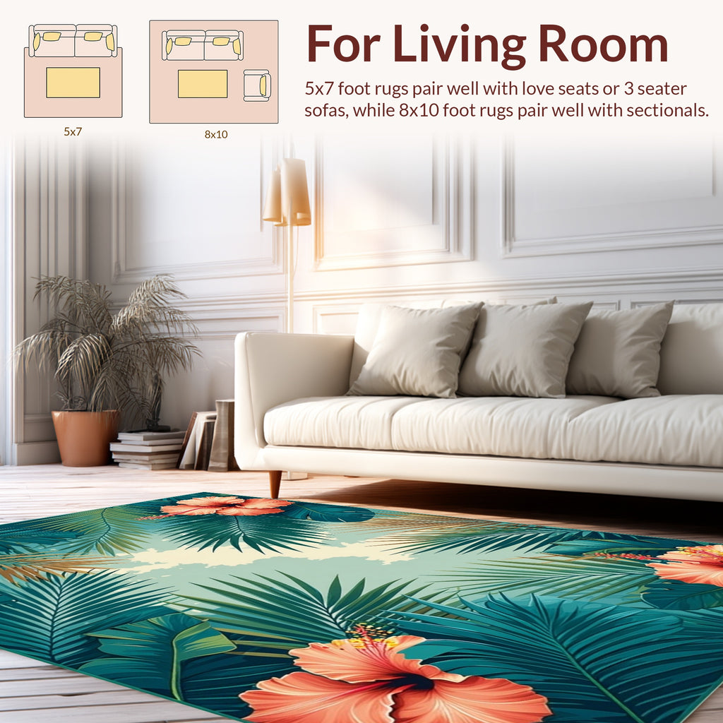 Coral Hibiscus Tropical Leaf Design Rug
