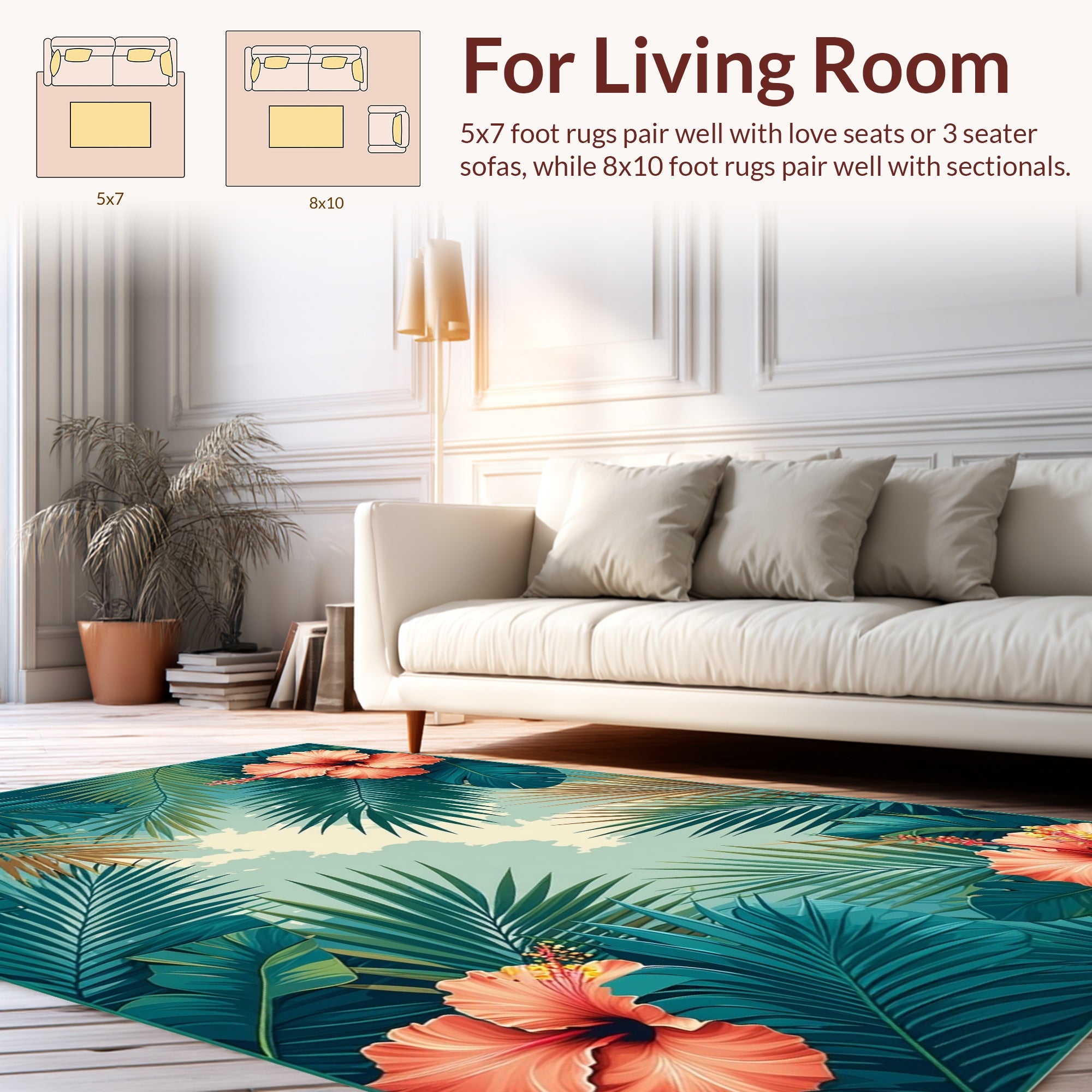 Coral Hibiscus Tropical Leaf Design Rug