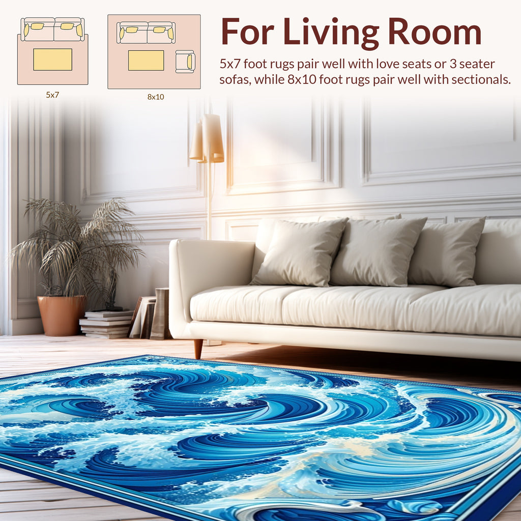 Dynamic Blue Ocean Wave Design Rug