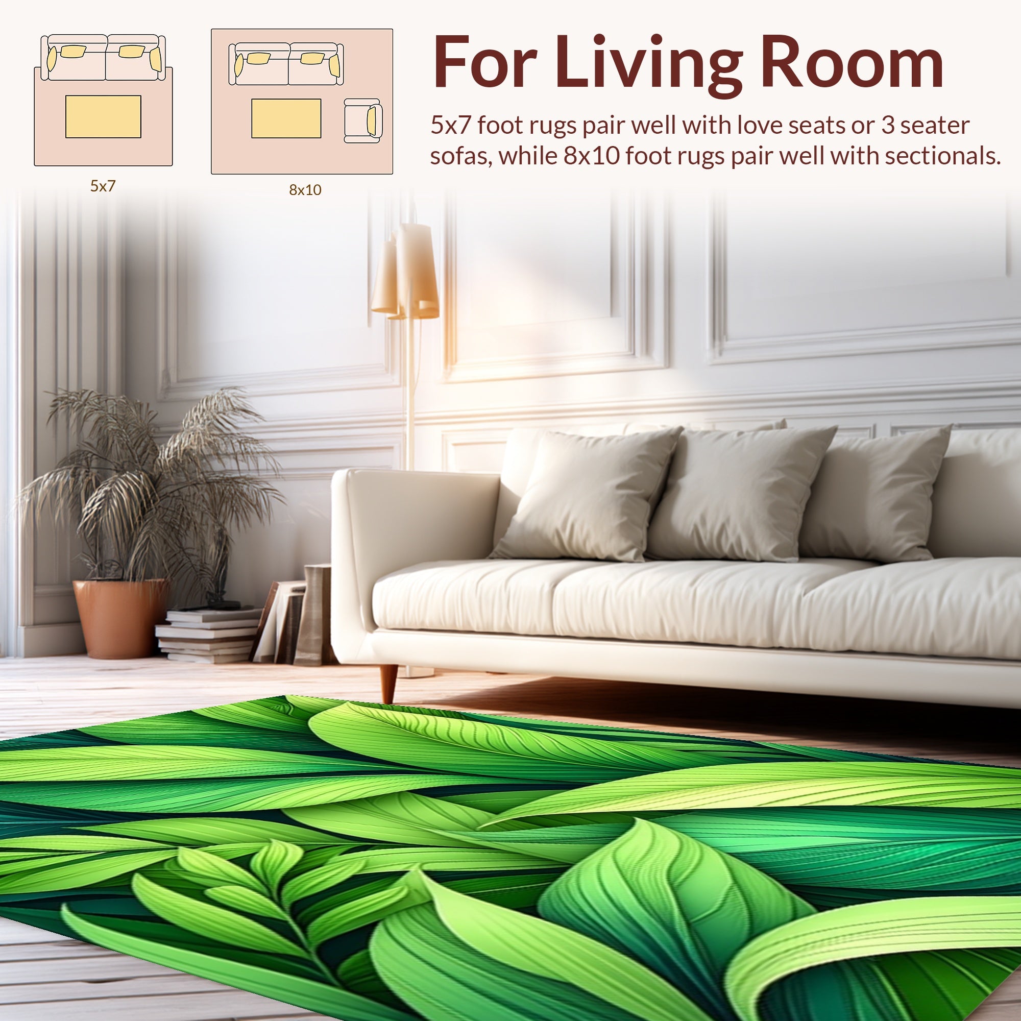 Lush Green Tropical Leaf Pattern Rug