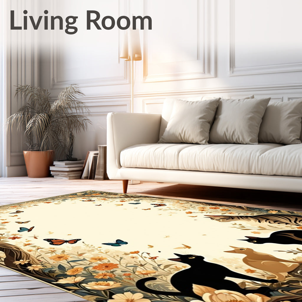 Whimsical Cats Butterflies Floral Scene Rug