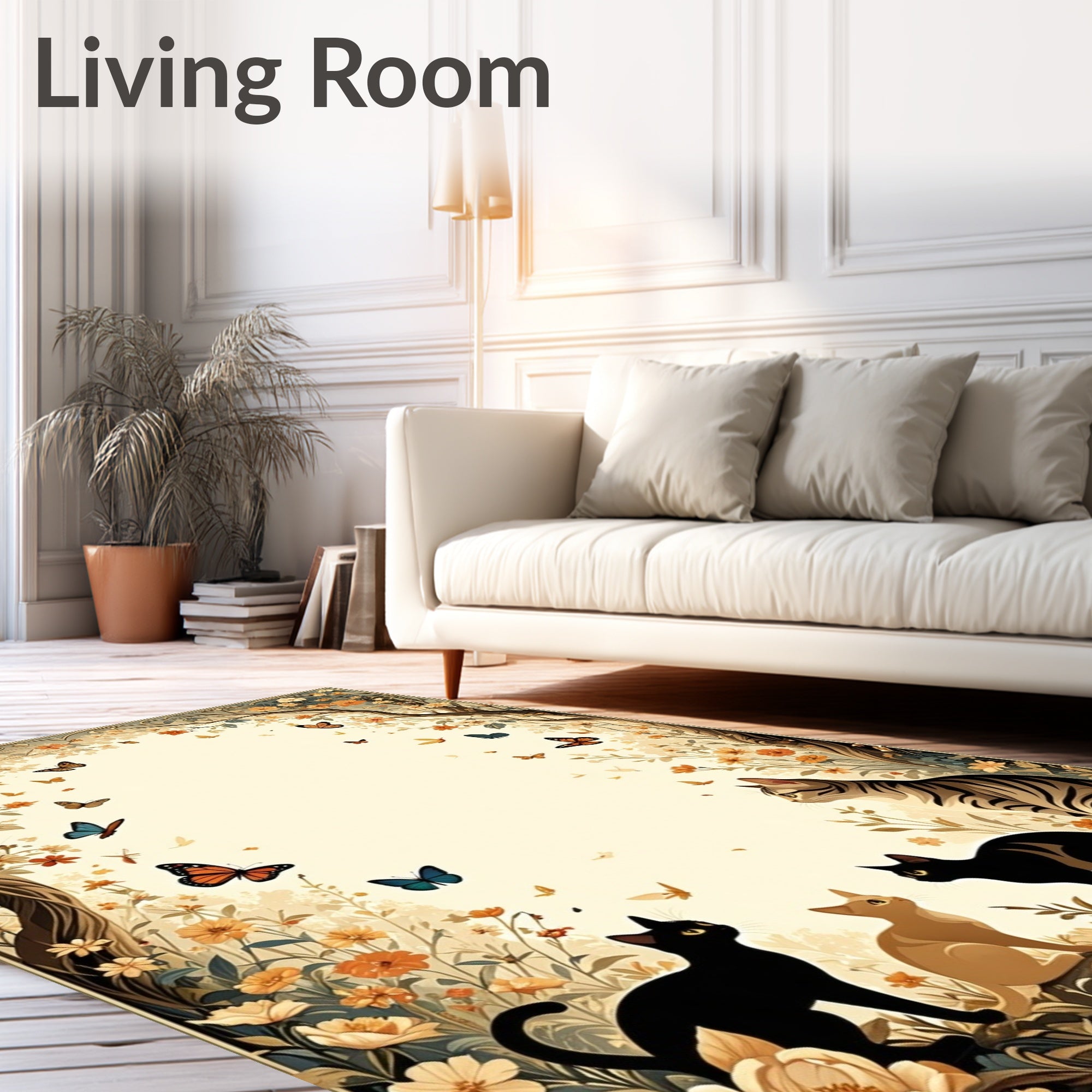 Whimsical Cats Butterflies Floral Scene Rug