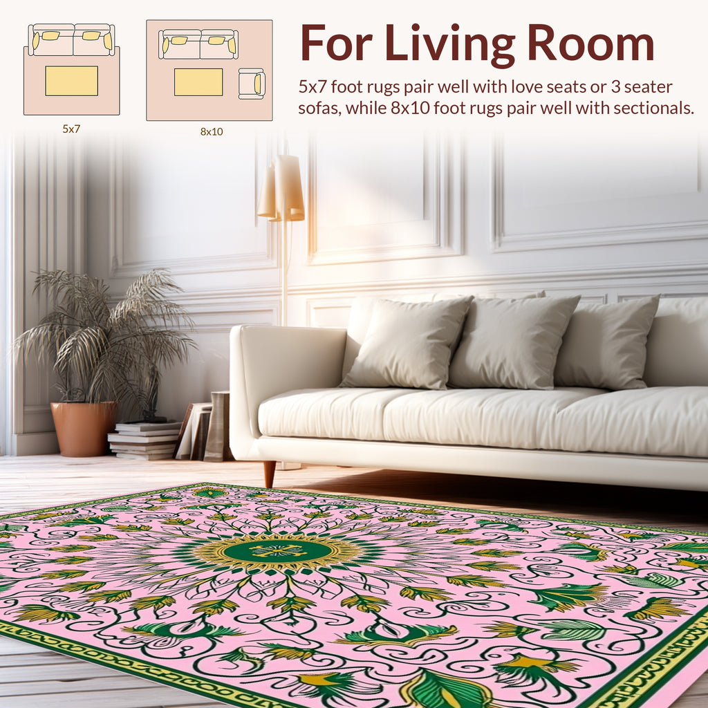 Delicate Floral Scroll Pink Green Rug
