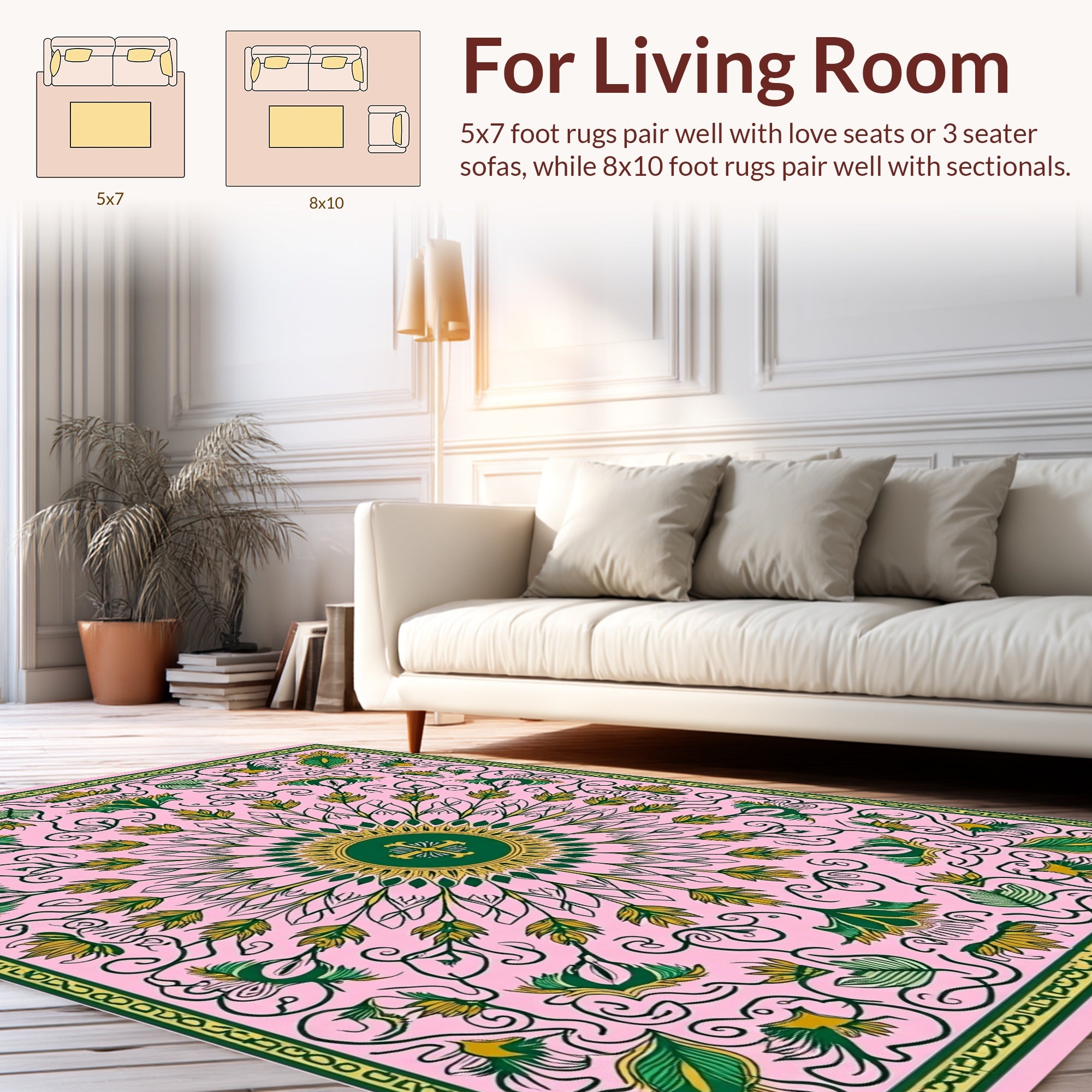 Delicate Floral Scroll Pink Green Rug