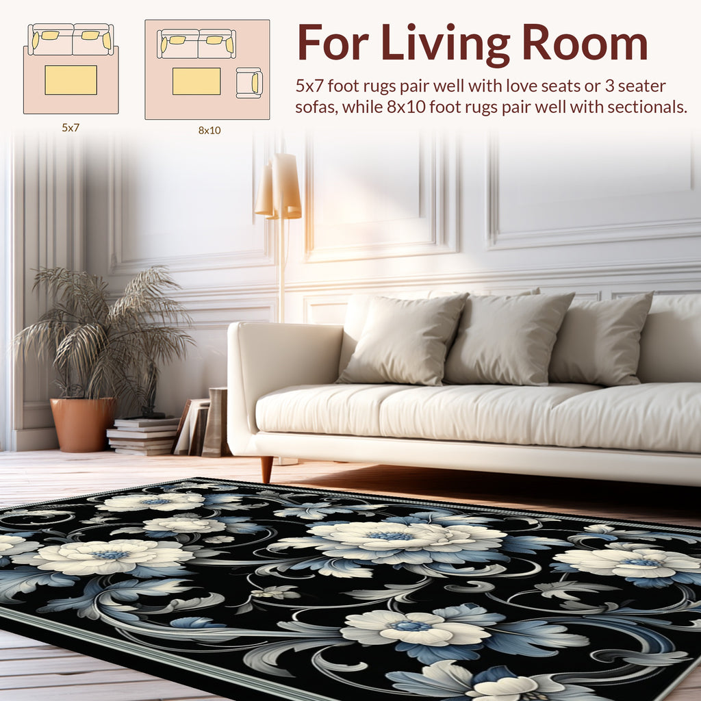 Classic Cream Blue Floral Scroll Design Rug