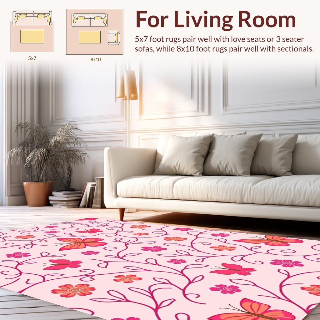 Whimsical Pink Floral Butterfly Pattern Rug