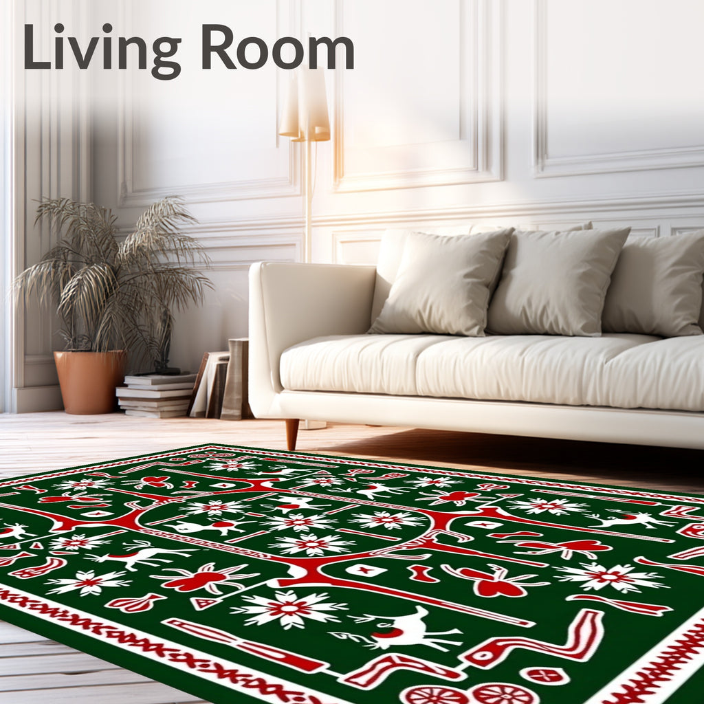 Deep Green White Red Animal Medallion Rug