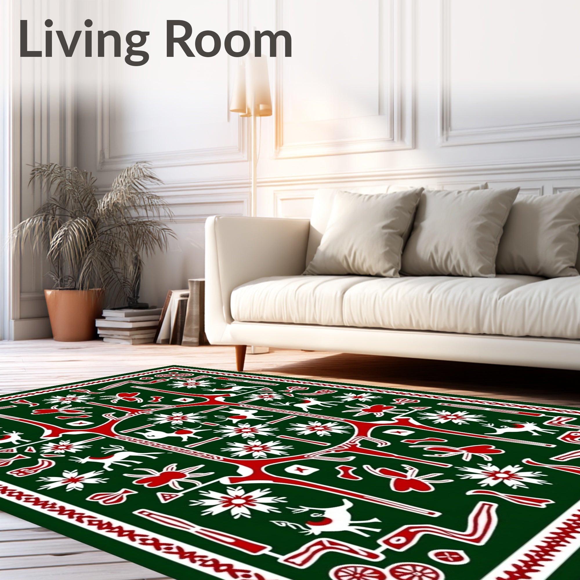 Deep Green White Red Animal Medallion Rug