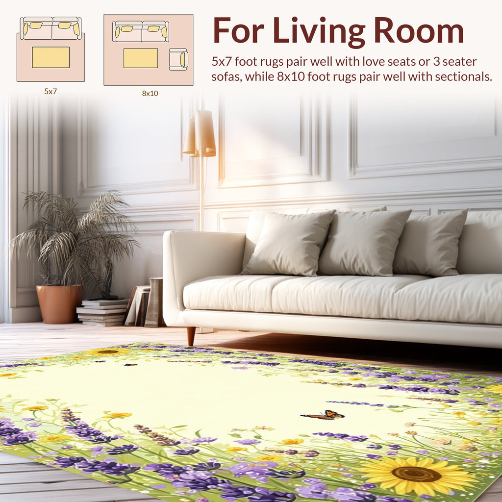 Whimsical Lavender Sunflower Butterfly Meadow Design Rug