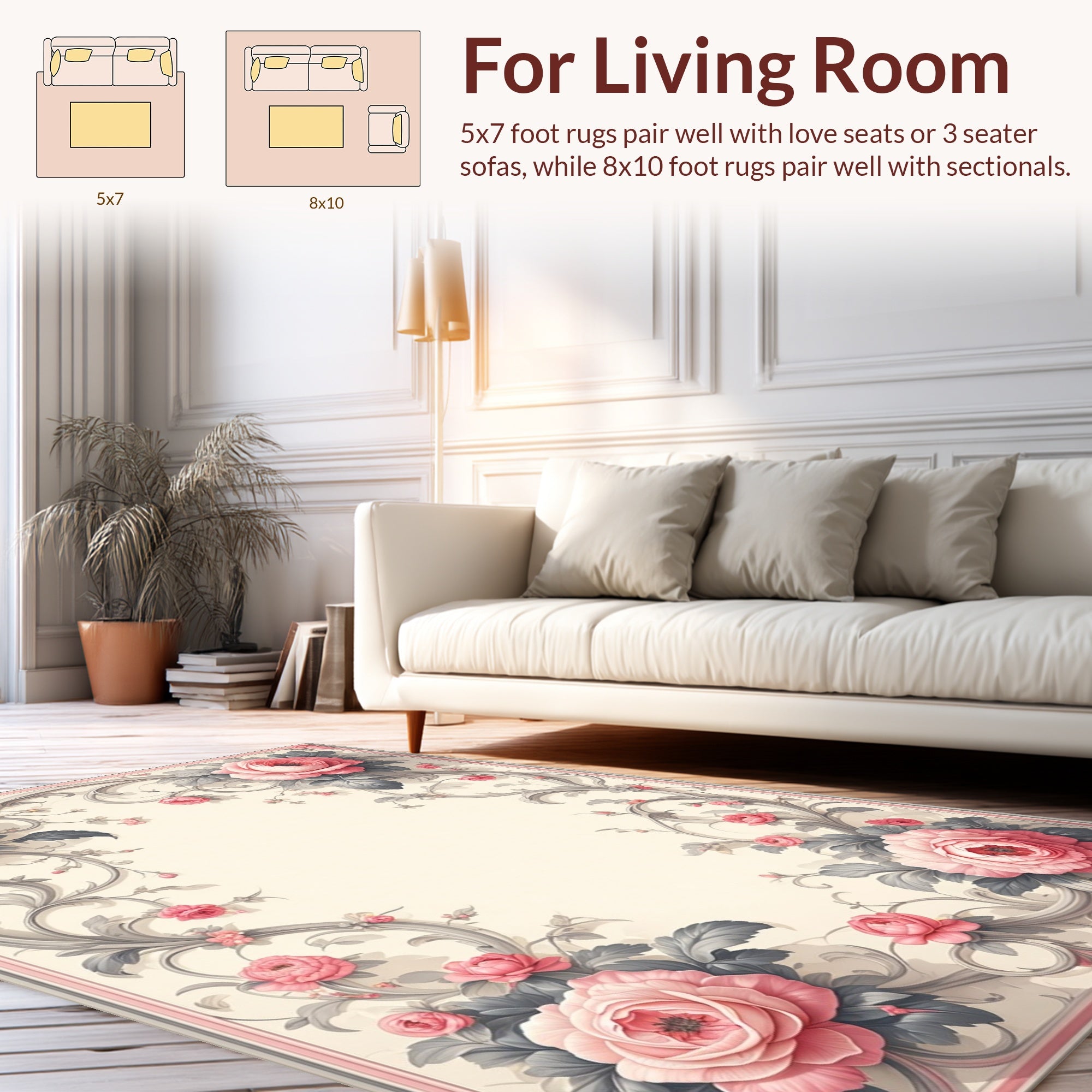 Elegant Pink Roses Floral Swirls Rug