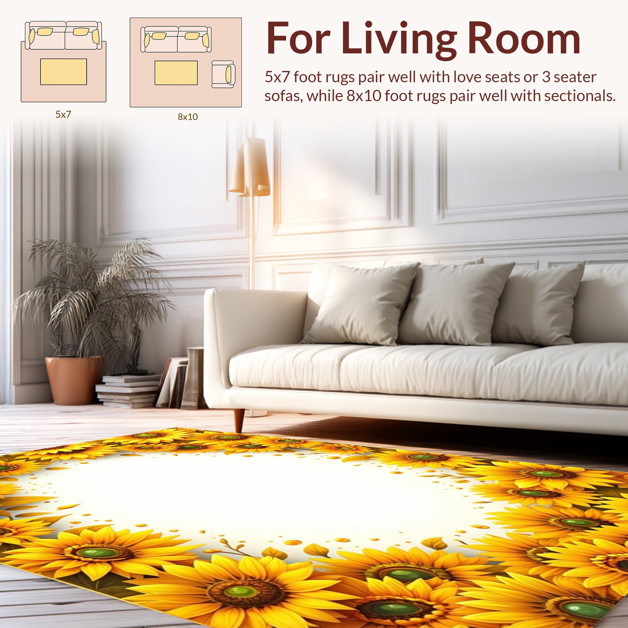 Golden Sunflowers Patterned Yellow Rug