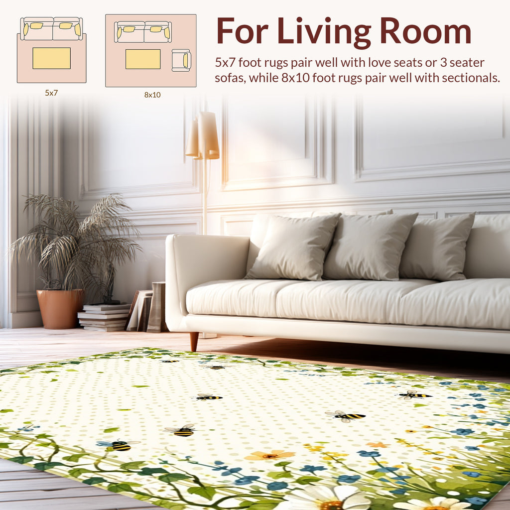 Whimsical Bees Floral Garden Pattern Rug