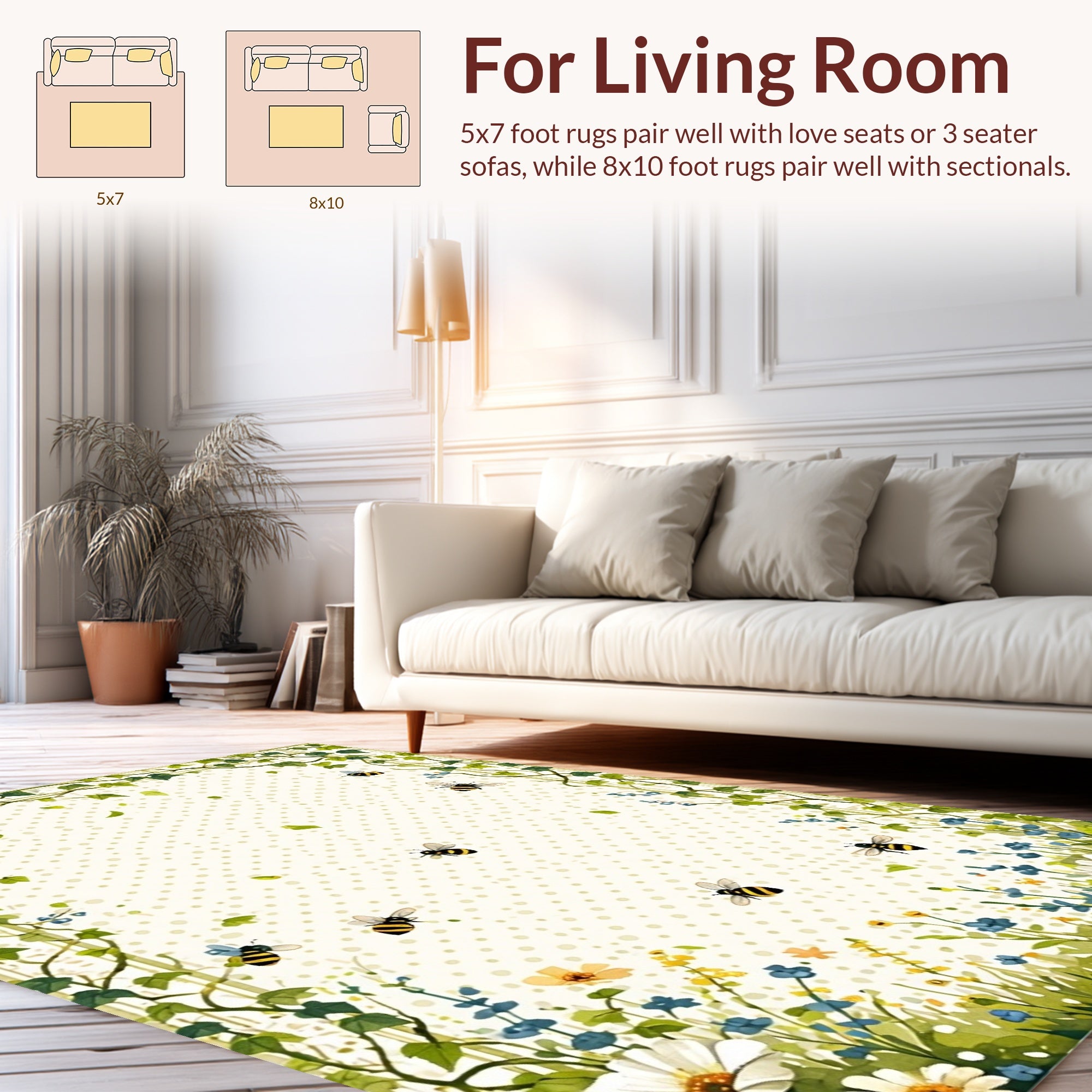 Whimsical Bees Floral Garden Pattern Rug