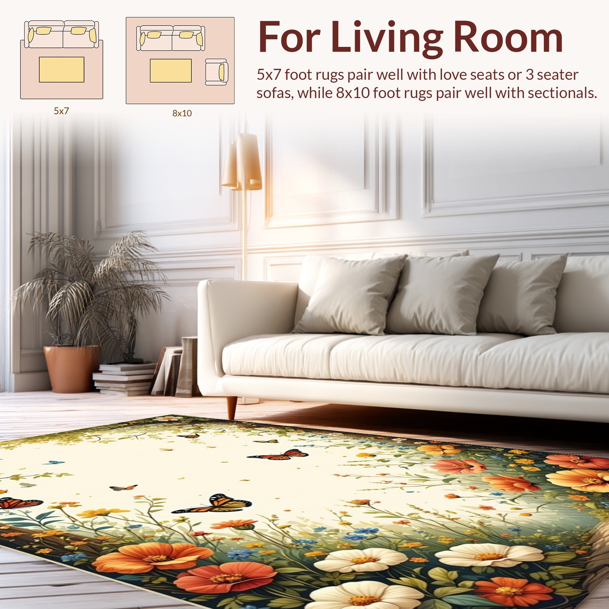 Whimsical Butterflies Floral Meadow Design Rug
