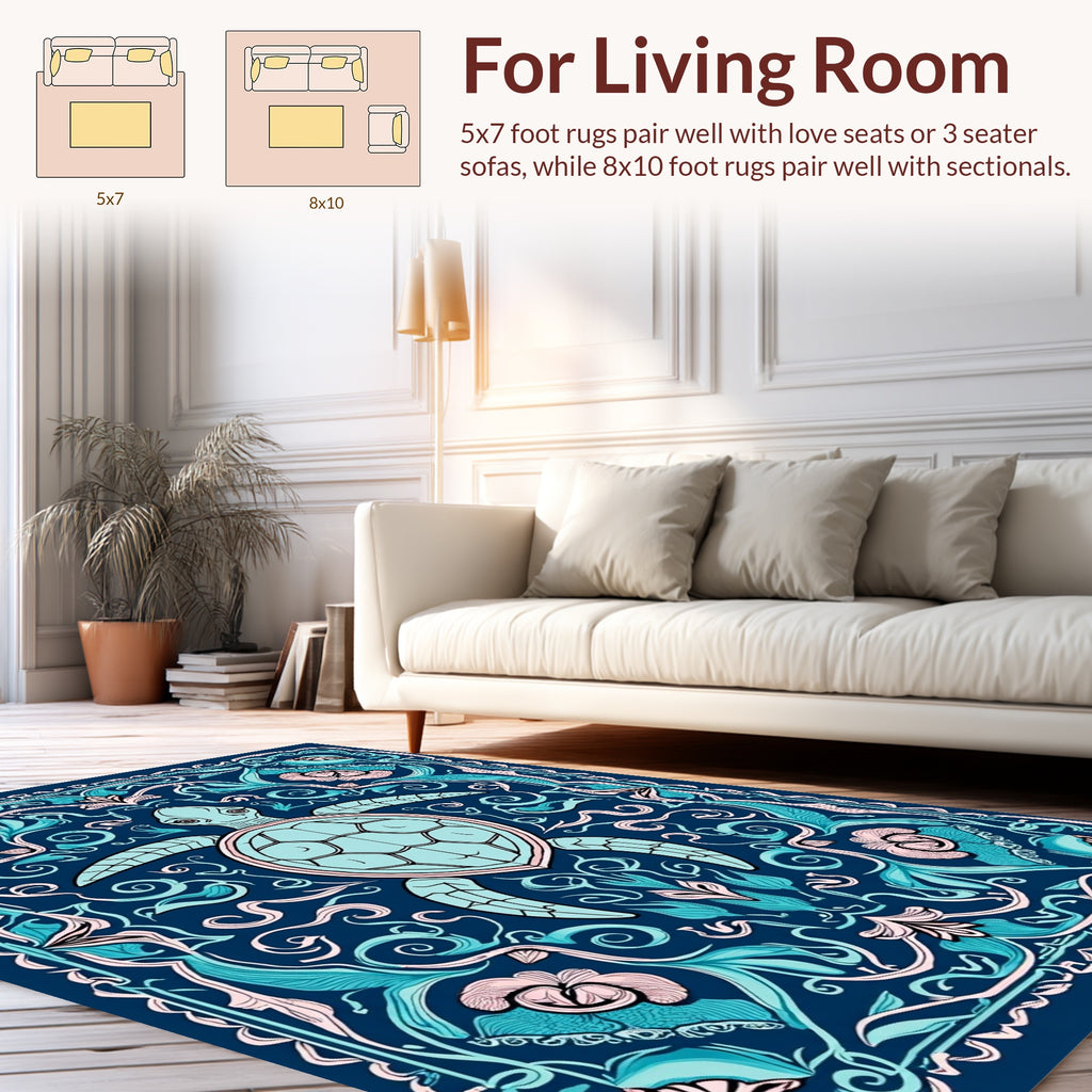 Whimsical Turtle Floral Scroll Design Rug