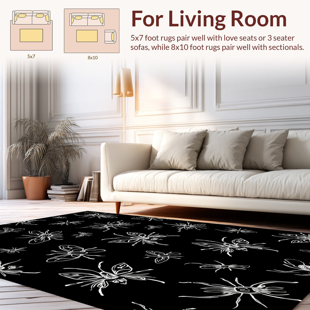 White Insects Sketch Pattern Rug