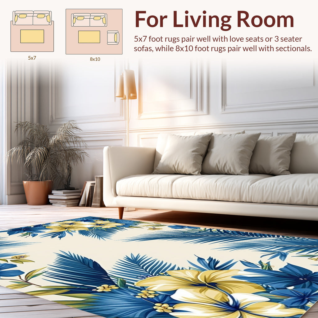 Tropical Blue and Yellow Floral Lush Palm Frond Rug