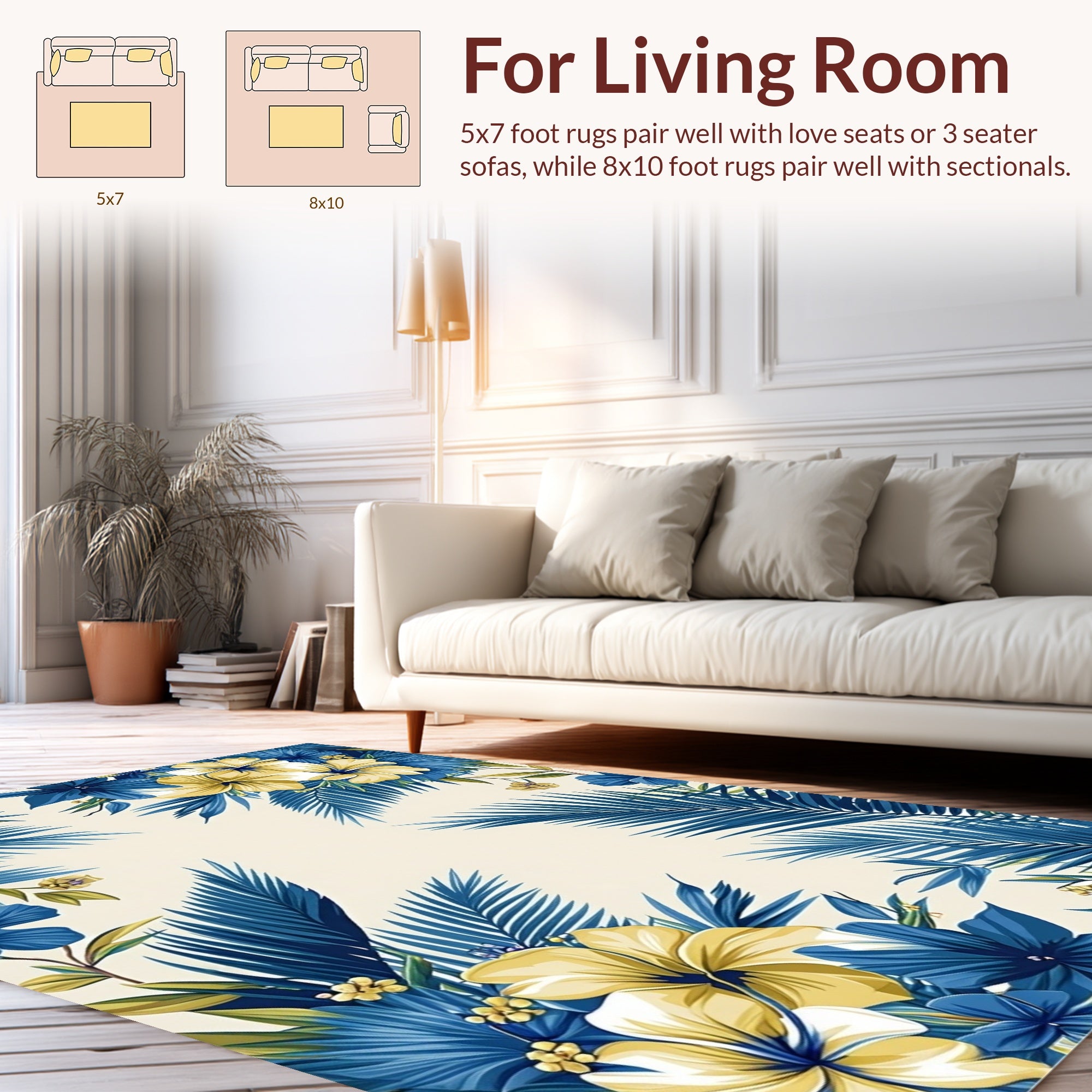 Tropical Blue and Yellow Floral Lush Palm Frond Rug