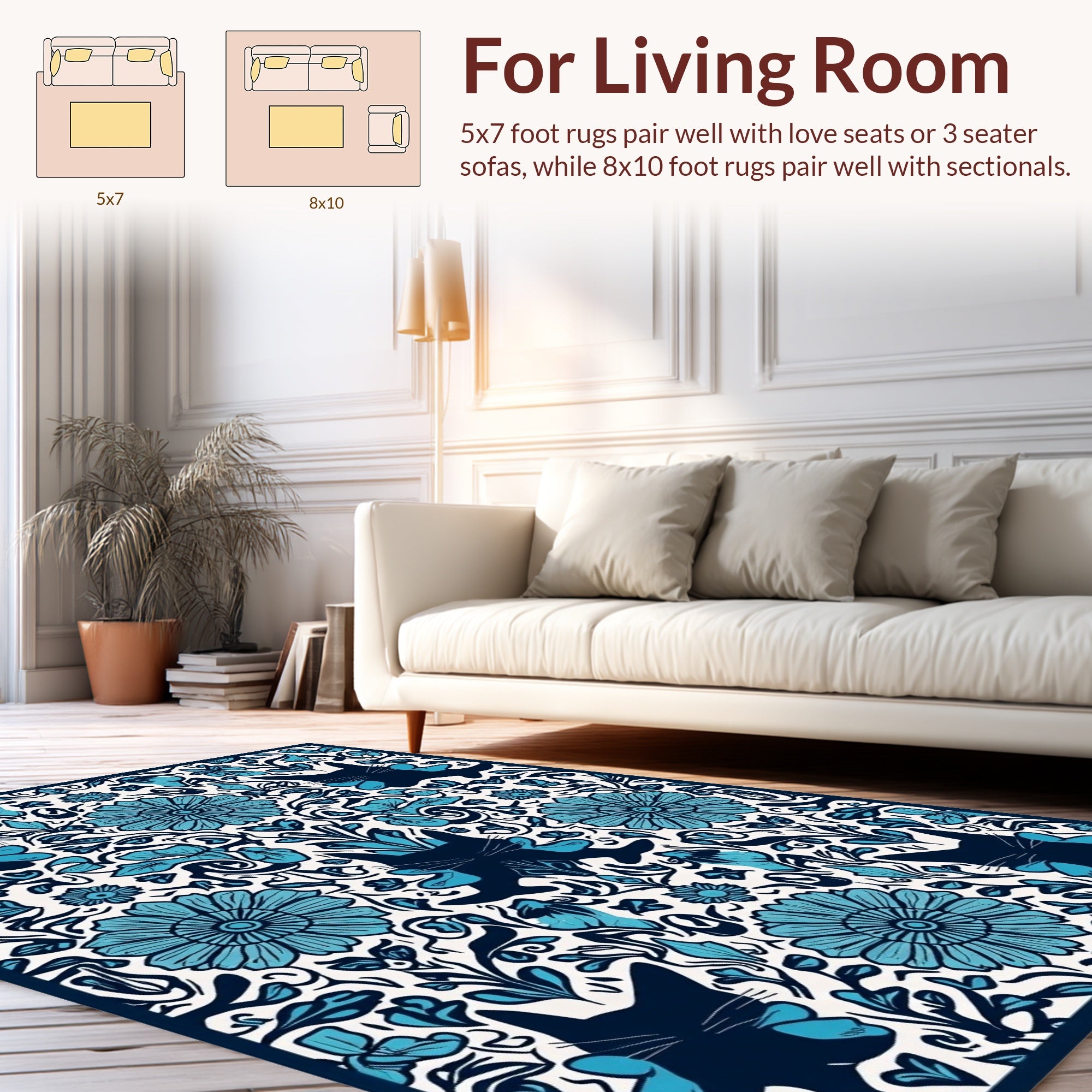 Blue Cat Floral Symmetry Pattern Rug