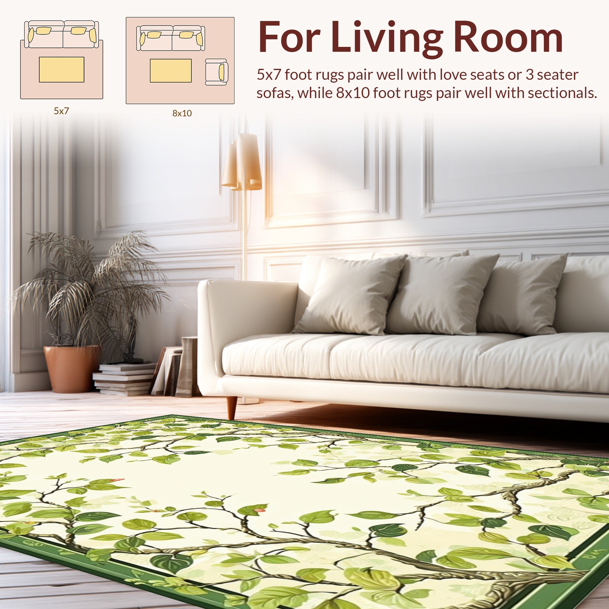 Green Leafy Branch Border Pattern Rug