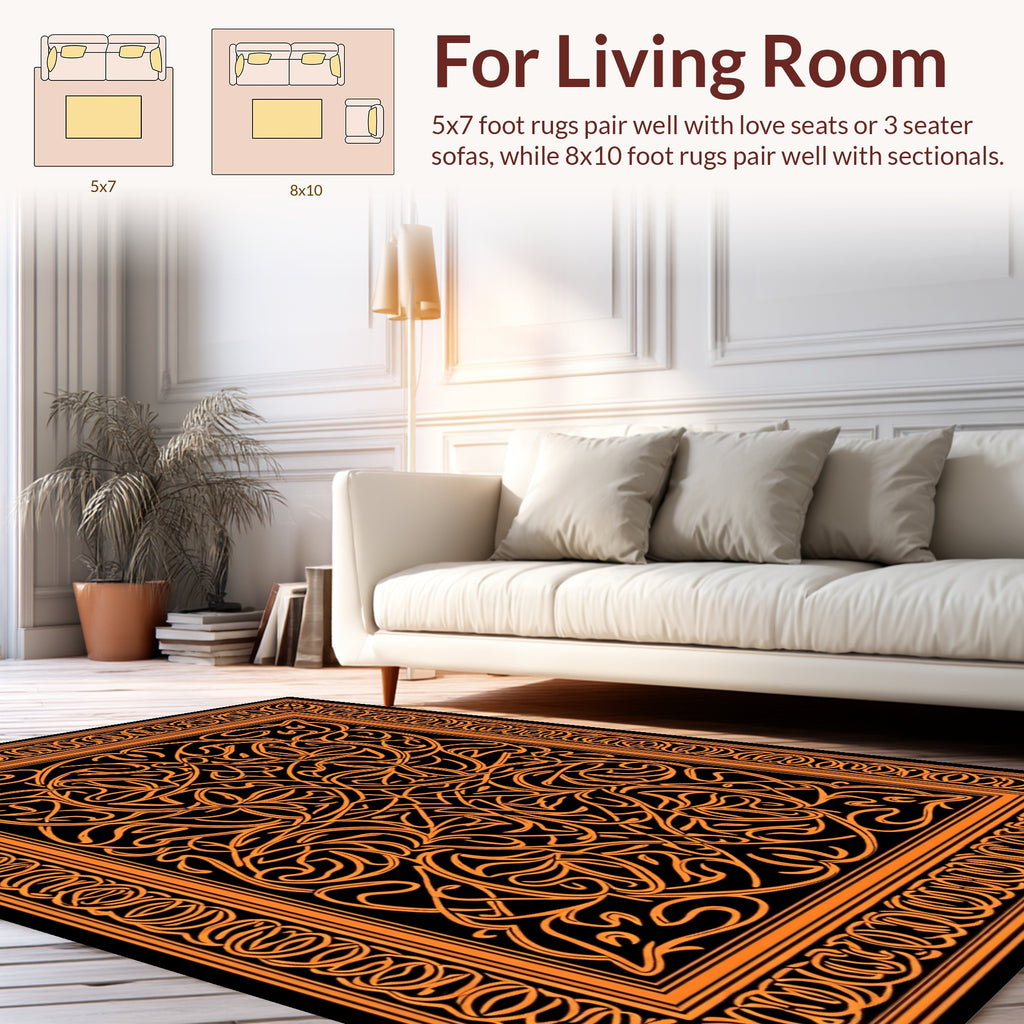 Intricate Orange Intertwined Floral Design Rug