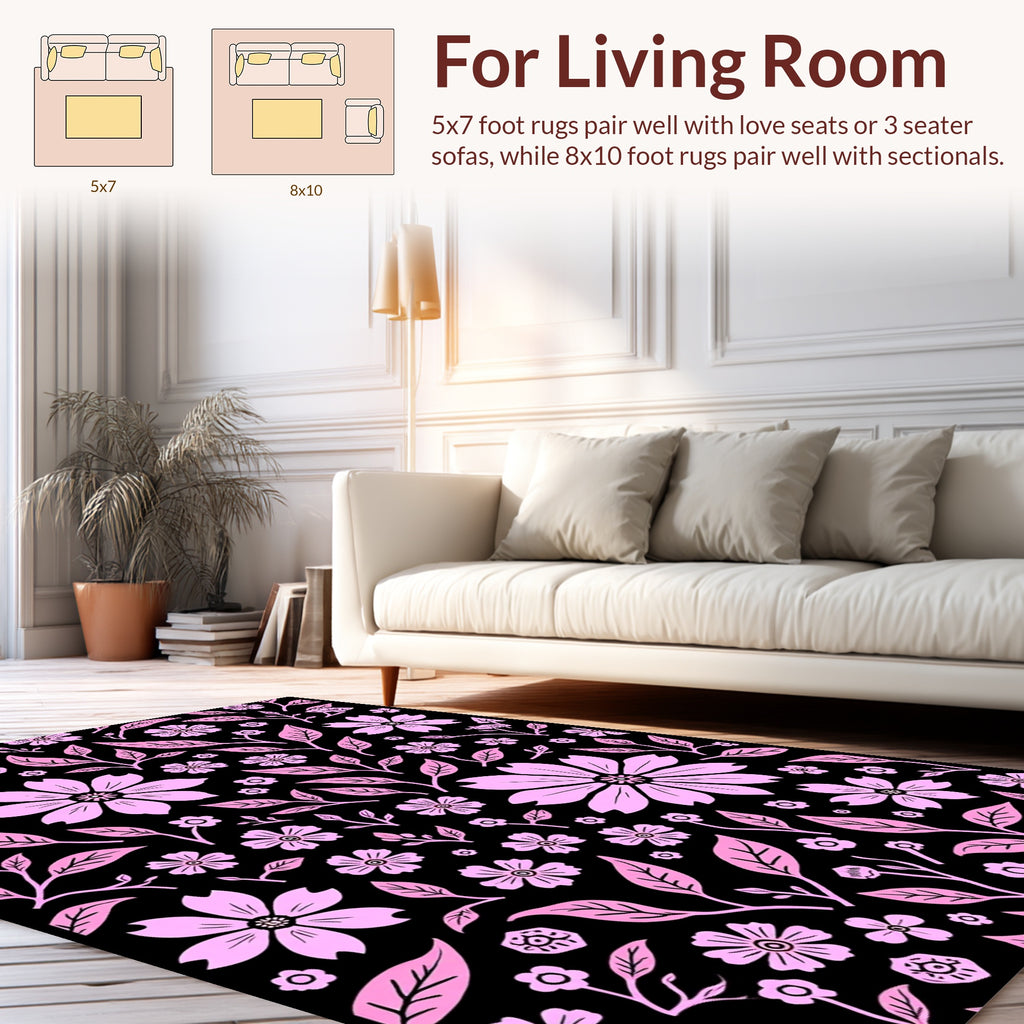Pink Floral Pattern On Black Rug