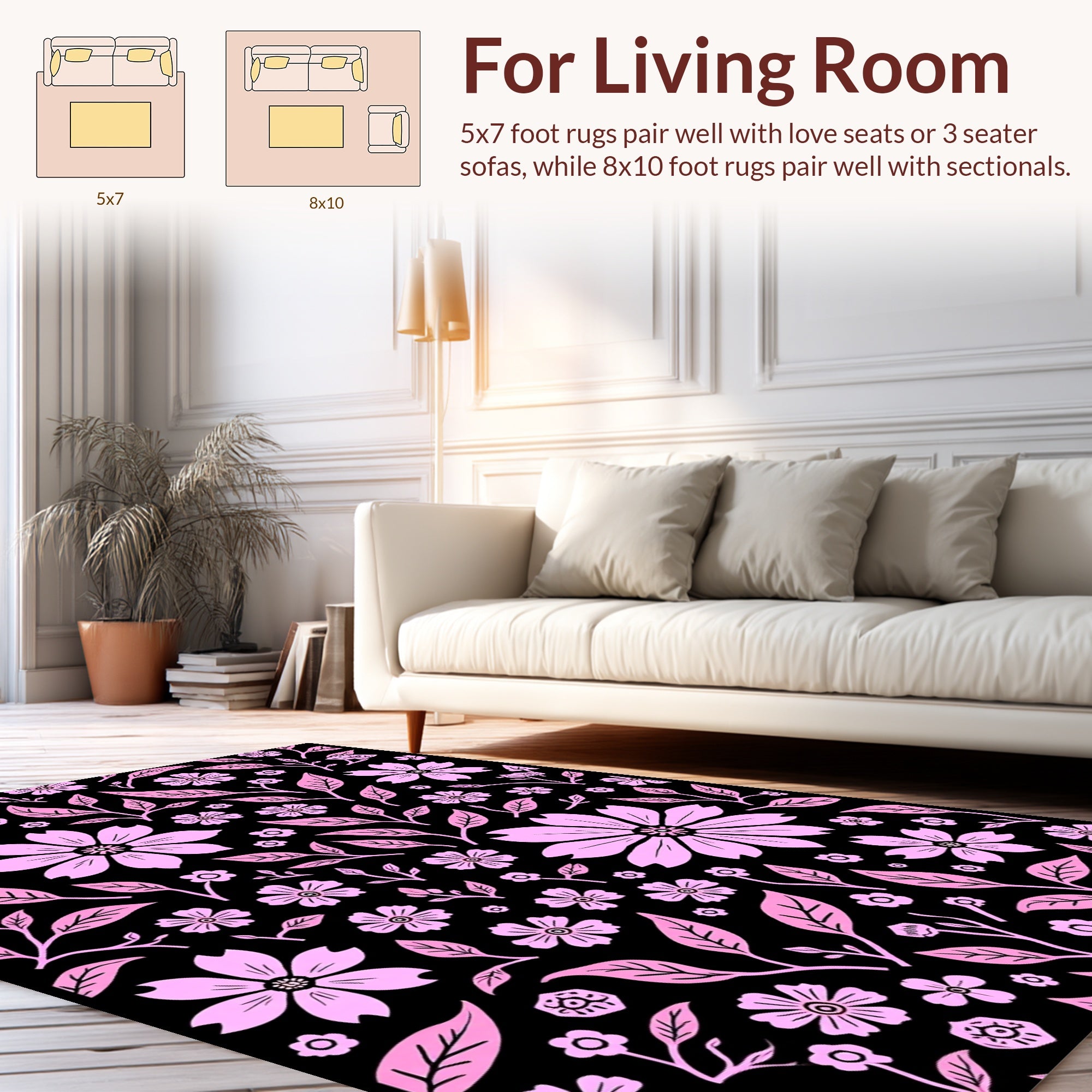 Pink Floral Pattern On Black Rug