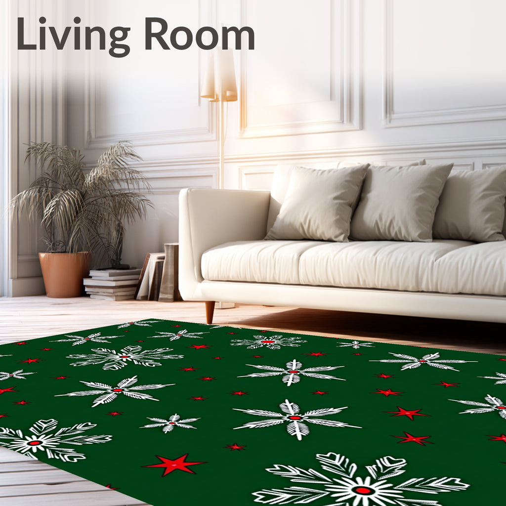 Festive White Snowflake Red Star Rug