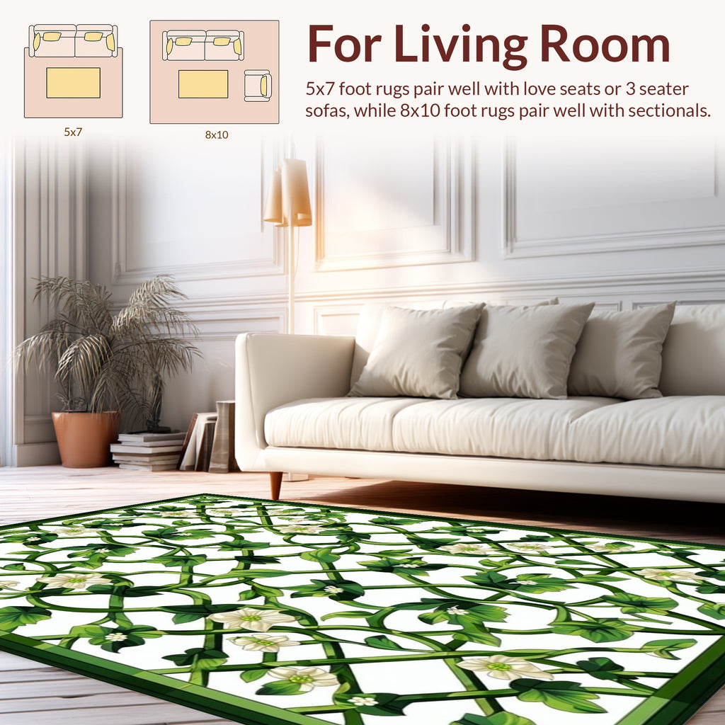 Green Vine White Flower Pattern Rug
