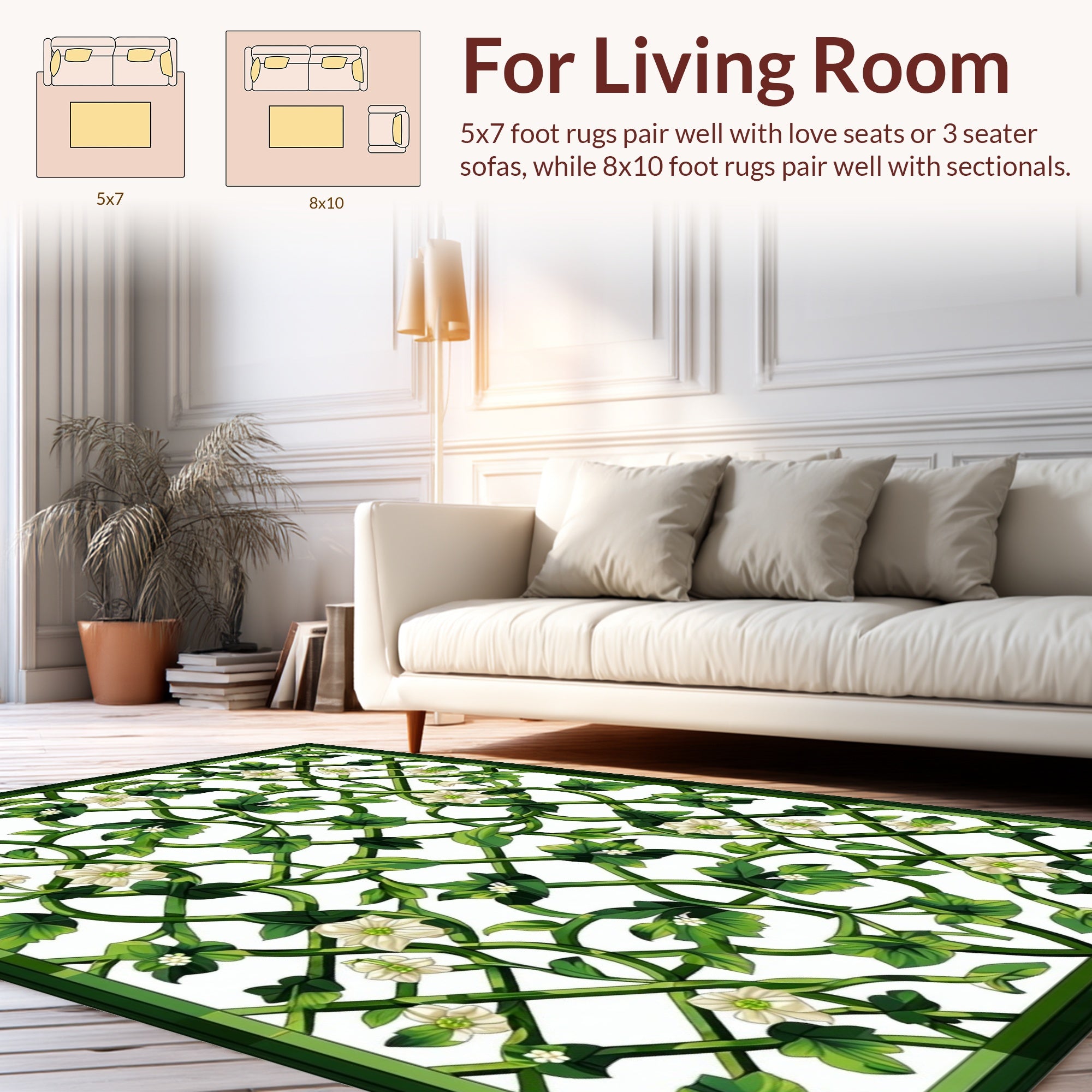 Green Vine White Flower Pattern Rug