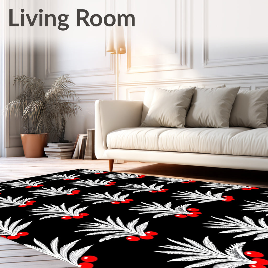 Black White Red Berry Palm fronds Rug