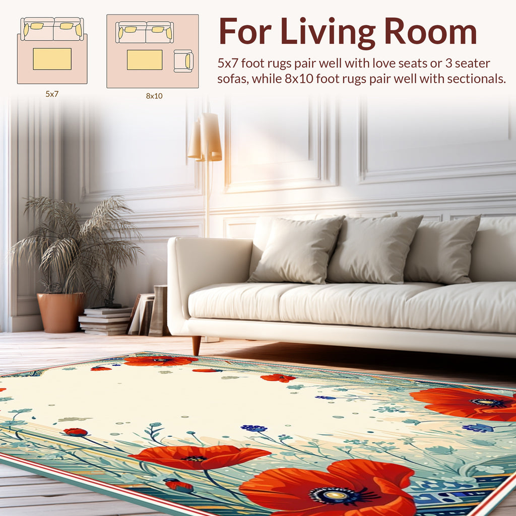 Vibrant Red Poppy Floral Border Tile Rug