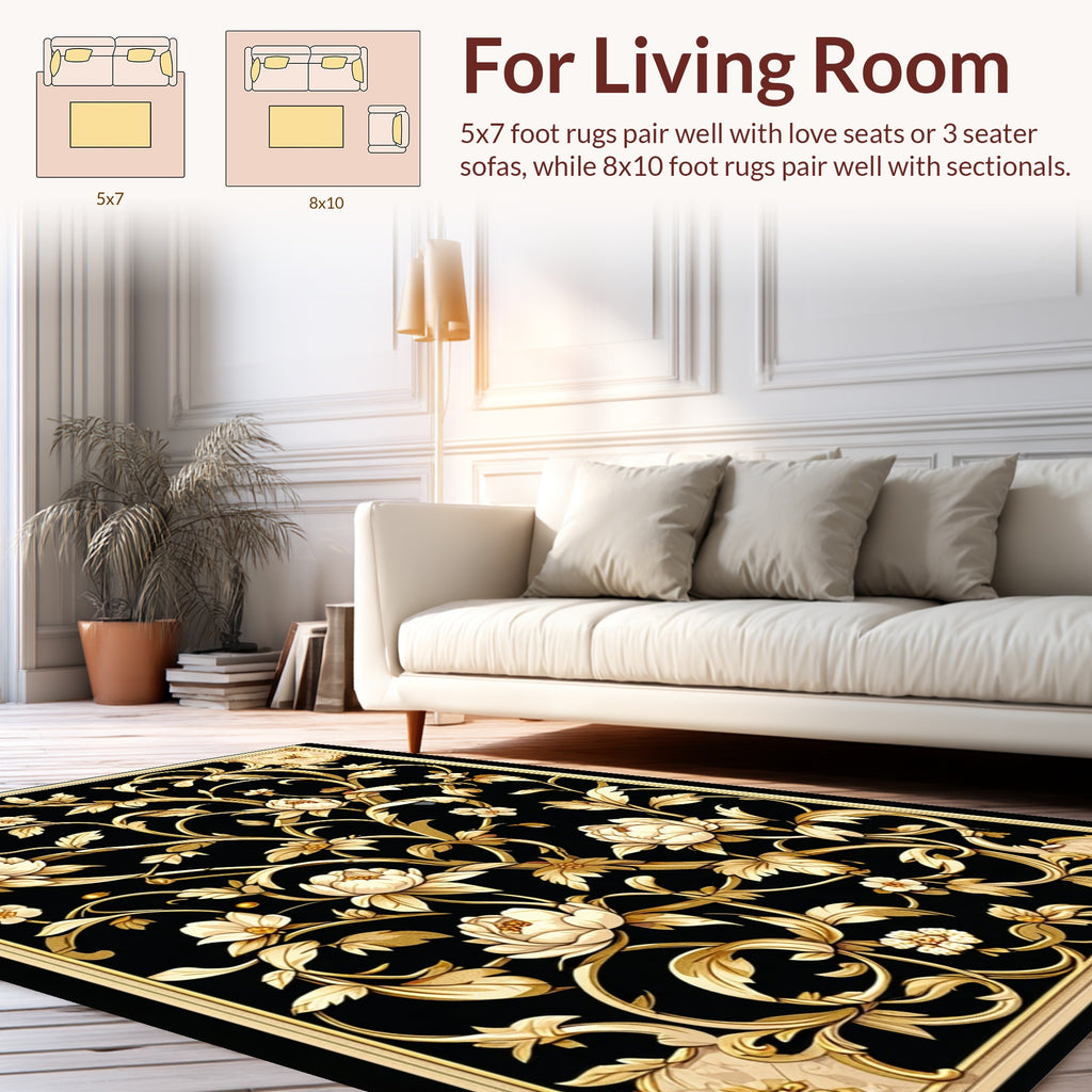 Elegant Black Gold Floral Scroll Rug