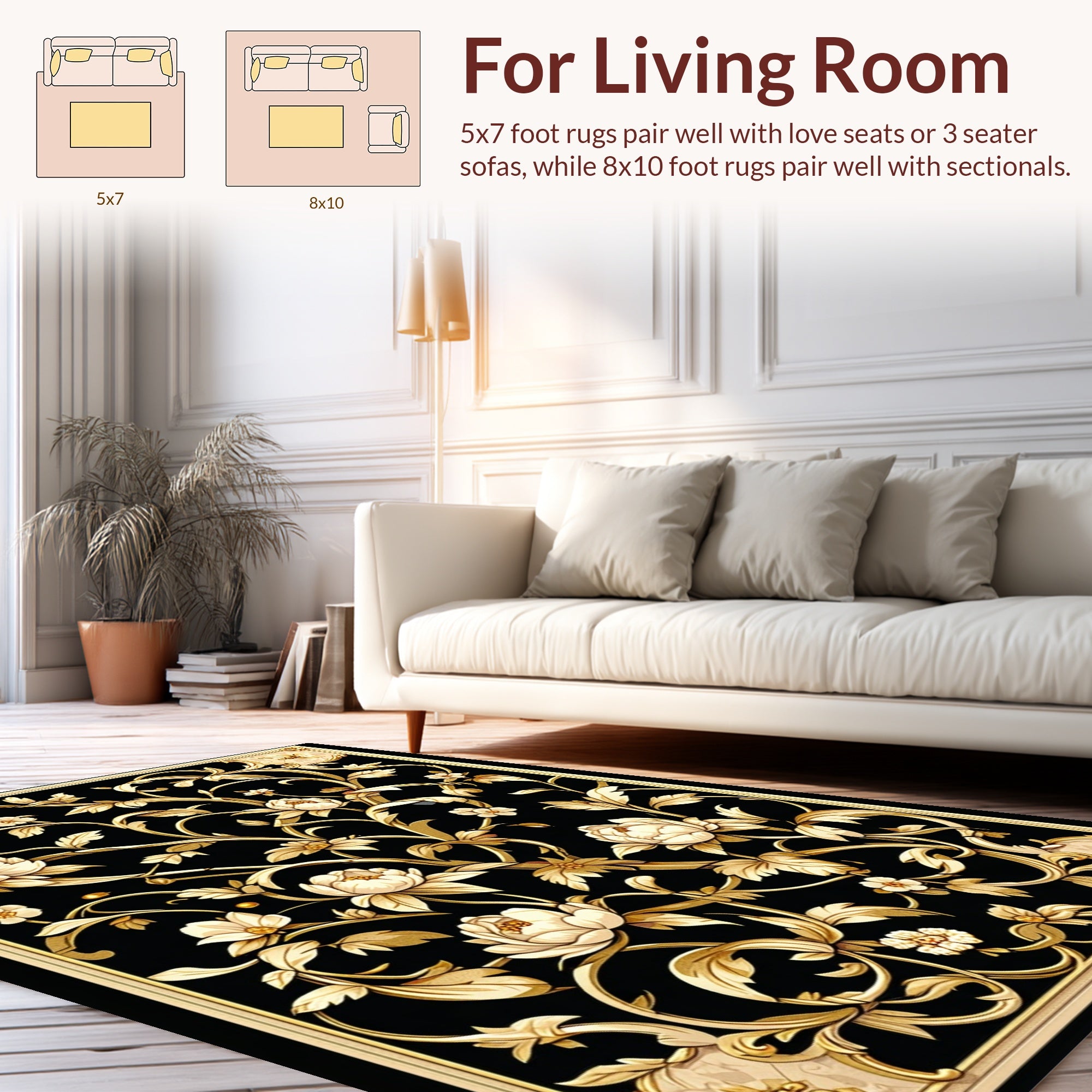 Elegant Black Gold Floral Scroll Rug
