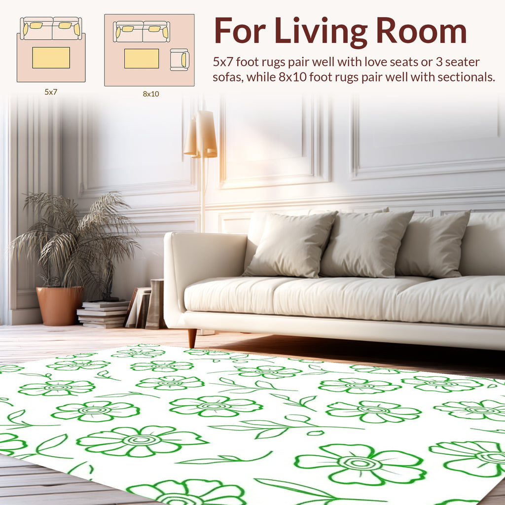 Green Outline Floral Botanical Pattern Rug