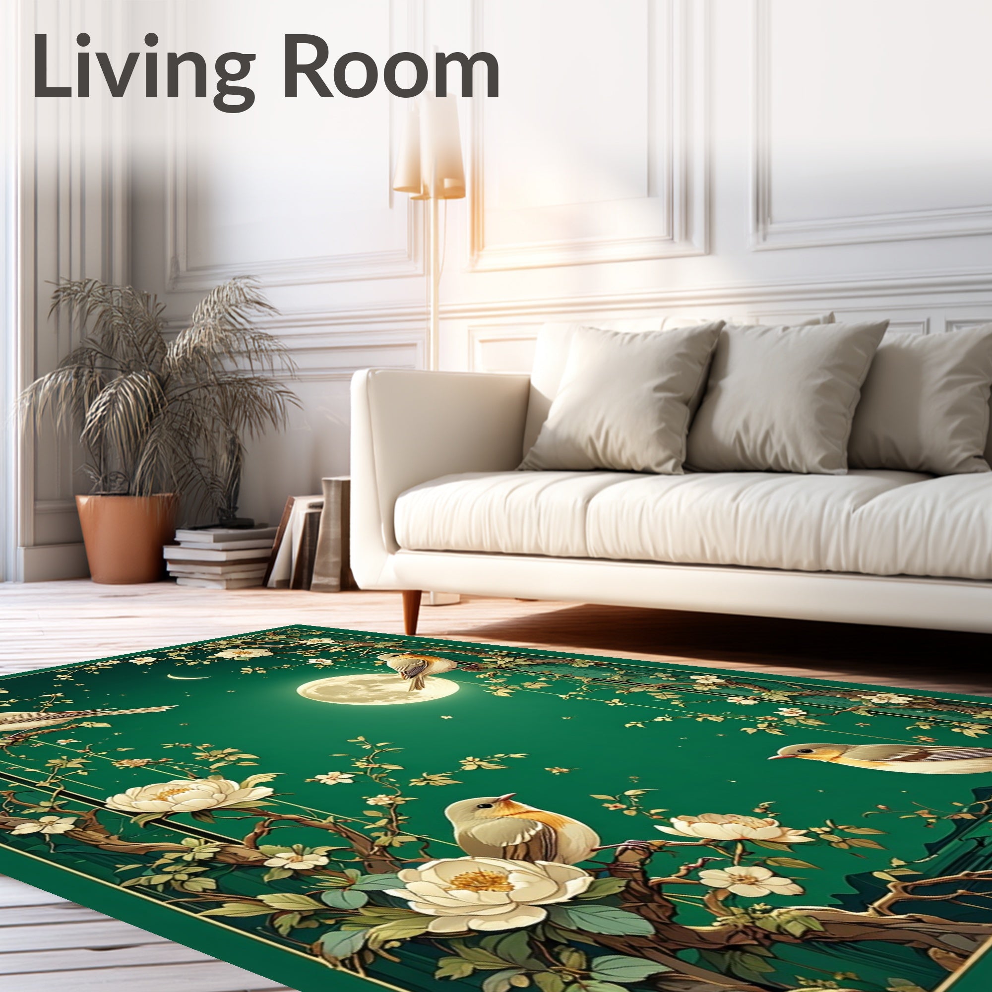 Birds Blossoms Green Chinoiserie Rug
