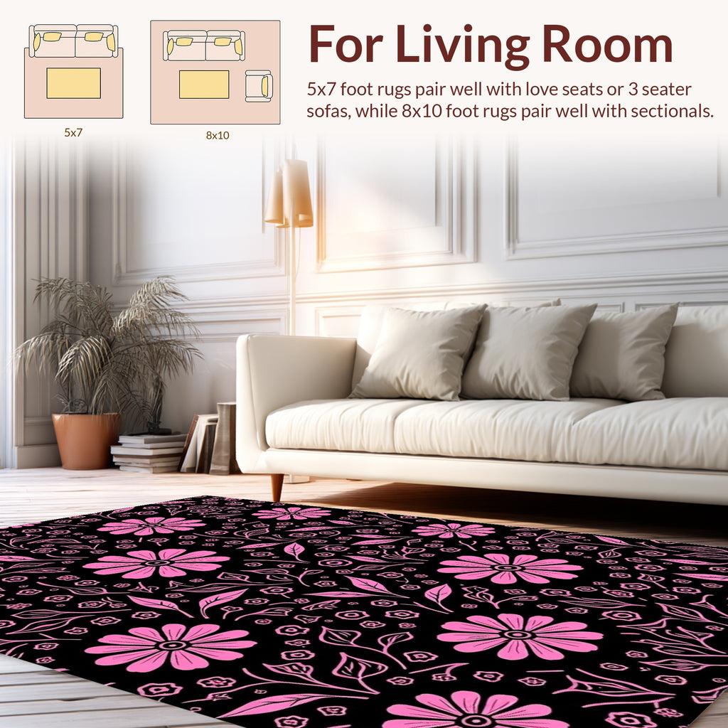 Pink Floral Outline On Black Pattern Rug