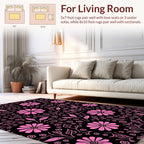 Pink Floral Outline On Black Pattern Rug