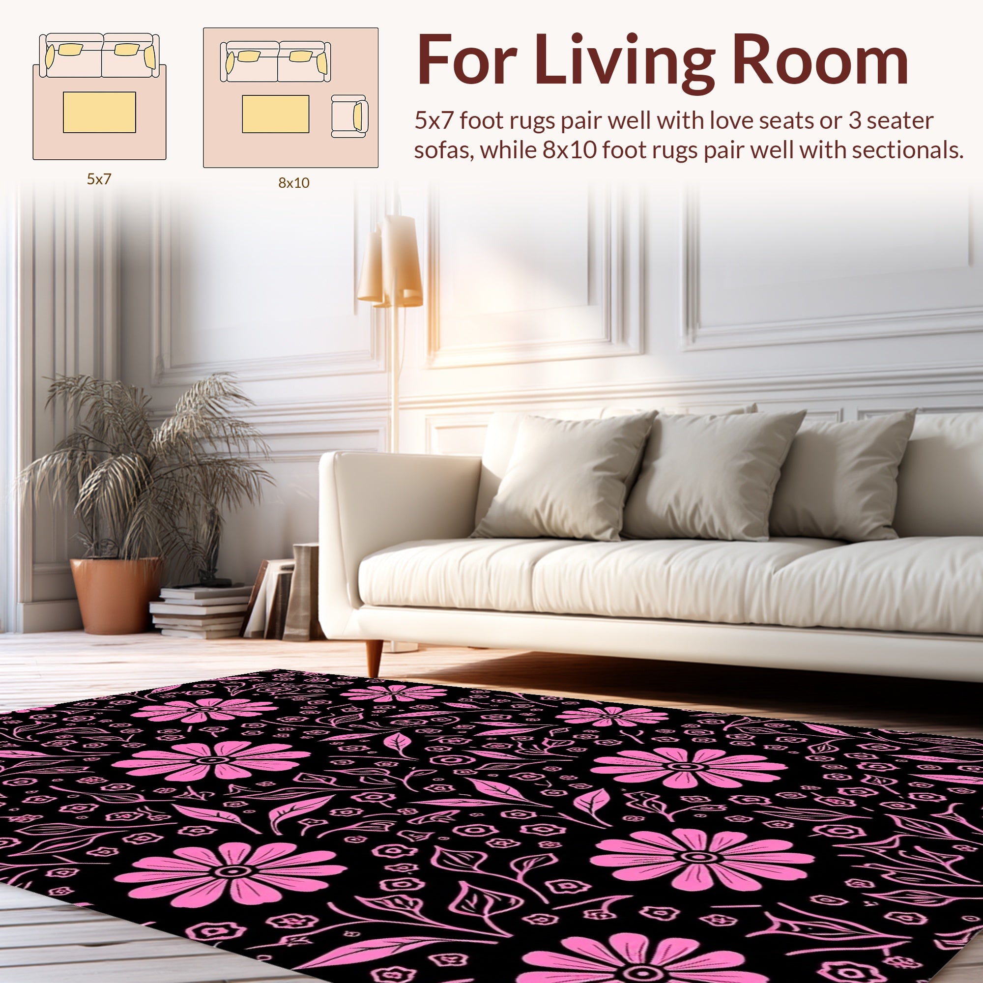 Pink Floral Outline On Black Pattern Rug