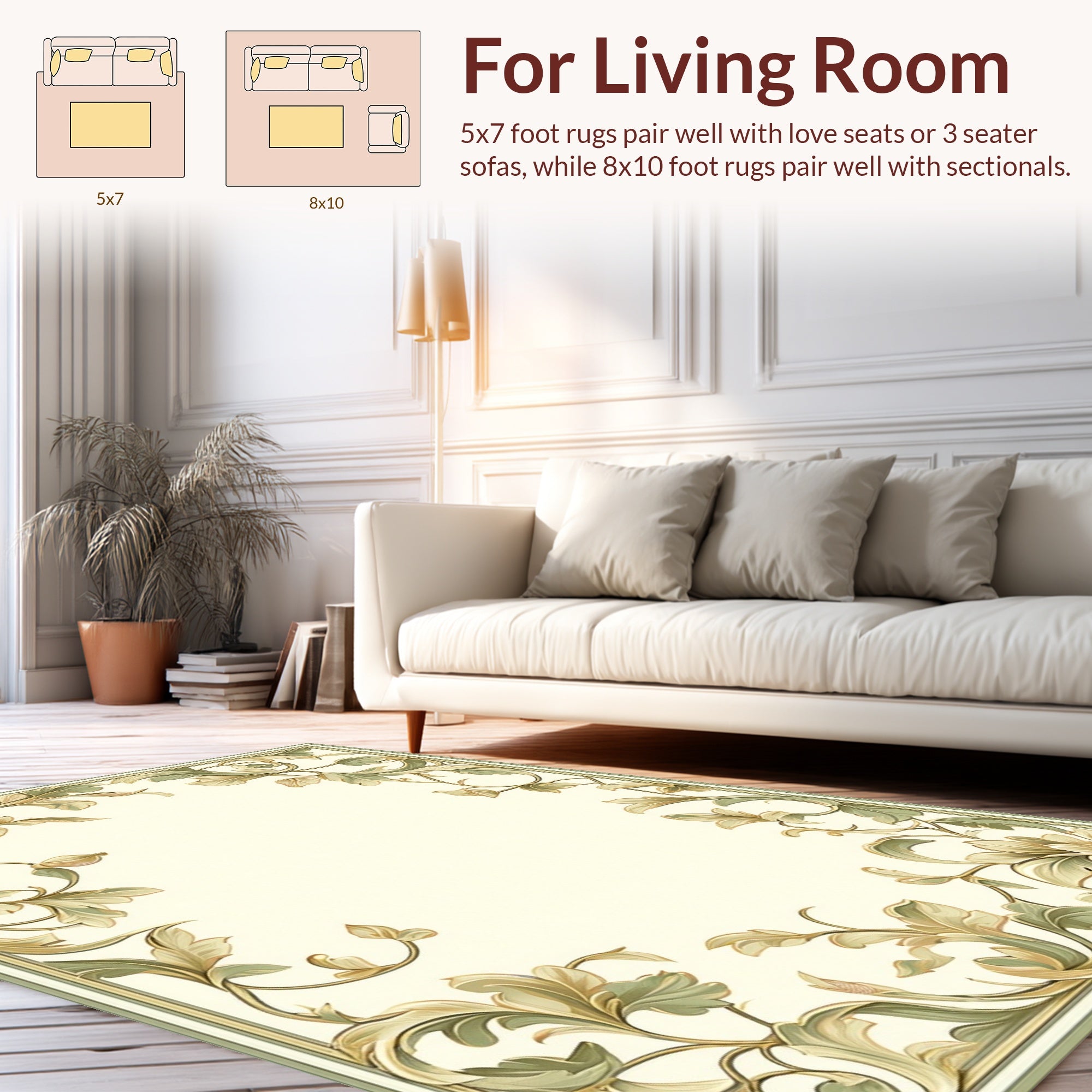 Ornate Floral Swirls Cream Green Rug
