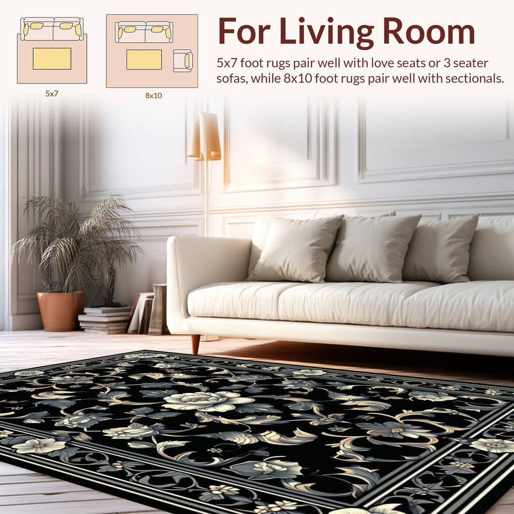 Ornate Black Floral Scroll Garden Rug