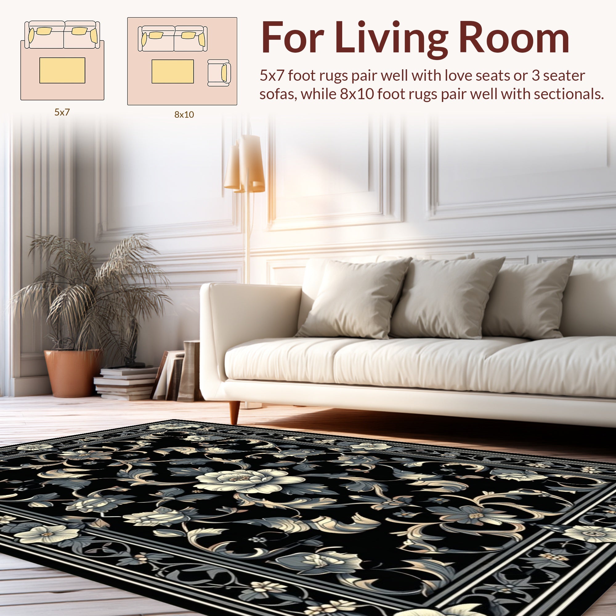 Ornate Black Floral Scroll Garden Rug