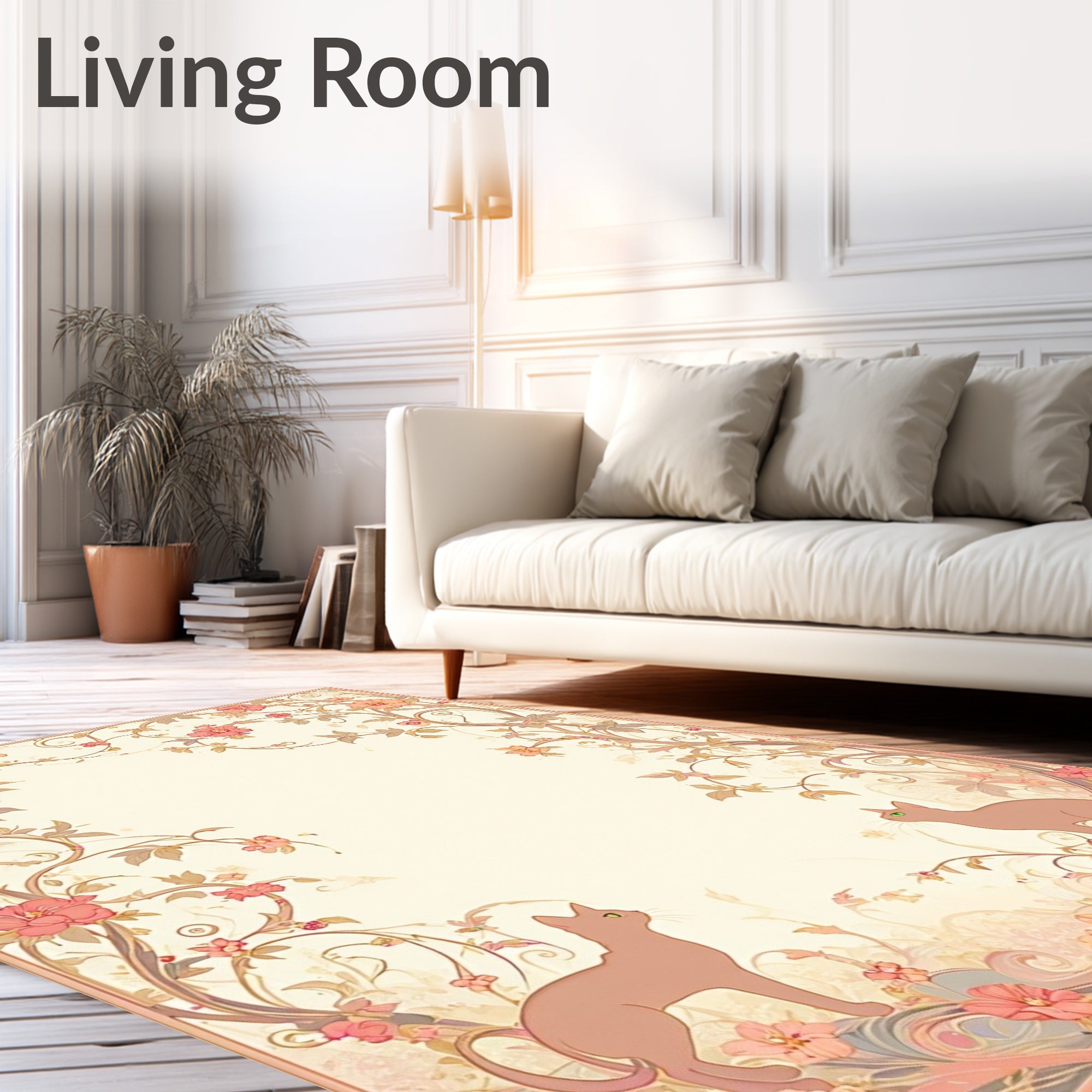 Whimsical Floral Cat Vine Pattern Rug