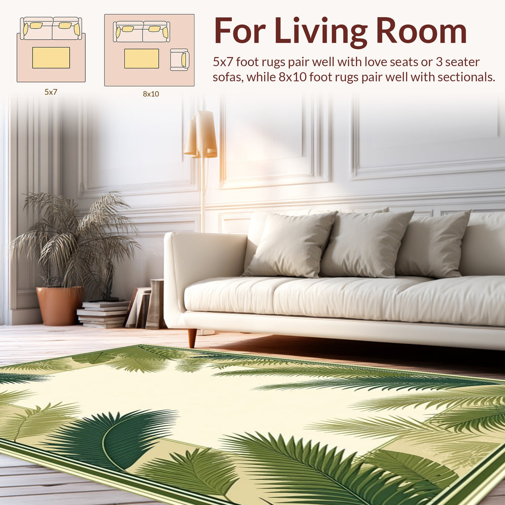 Tropical Green Palm Leaf Border Design Rug