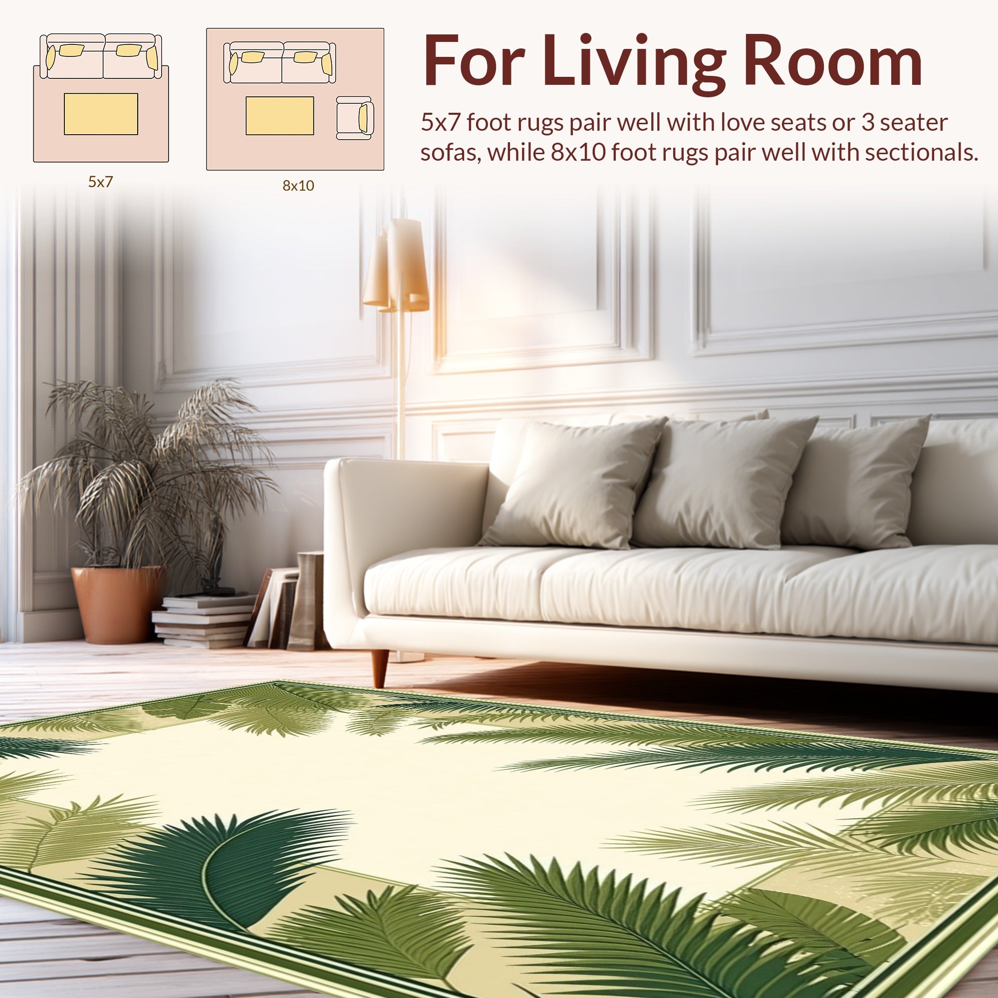 Tropical Green Palm Leaf Border Design Rug