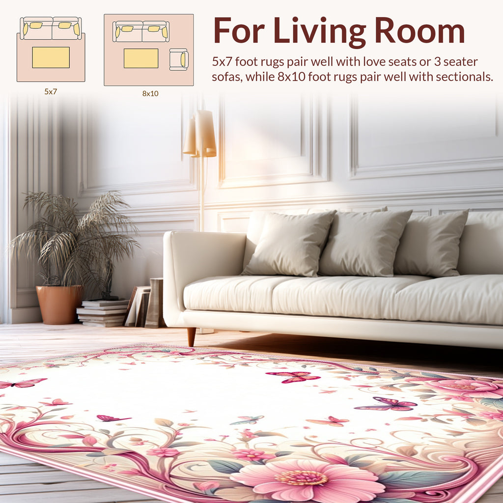 Pink Floral Butterfly Whimsical Design Rug
