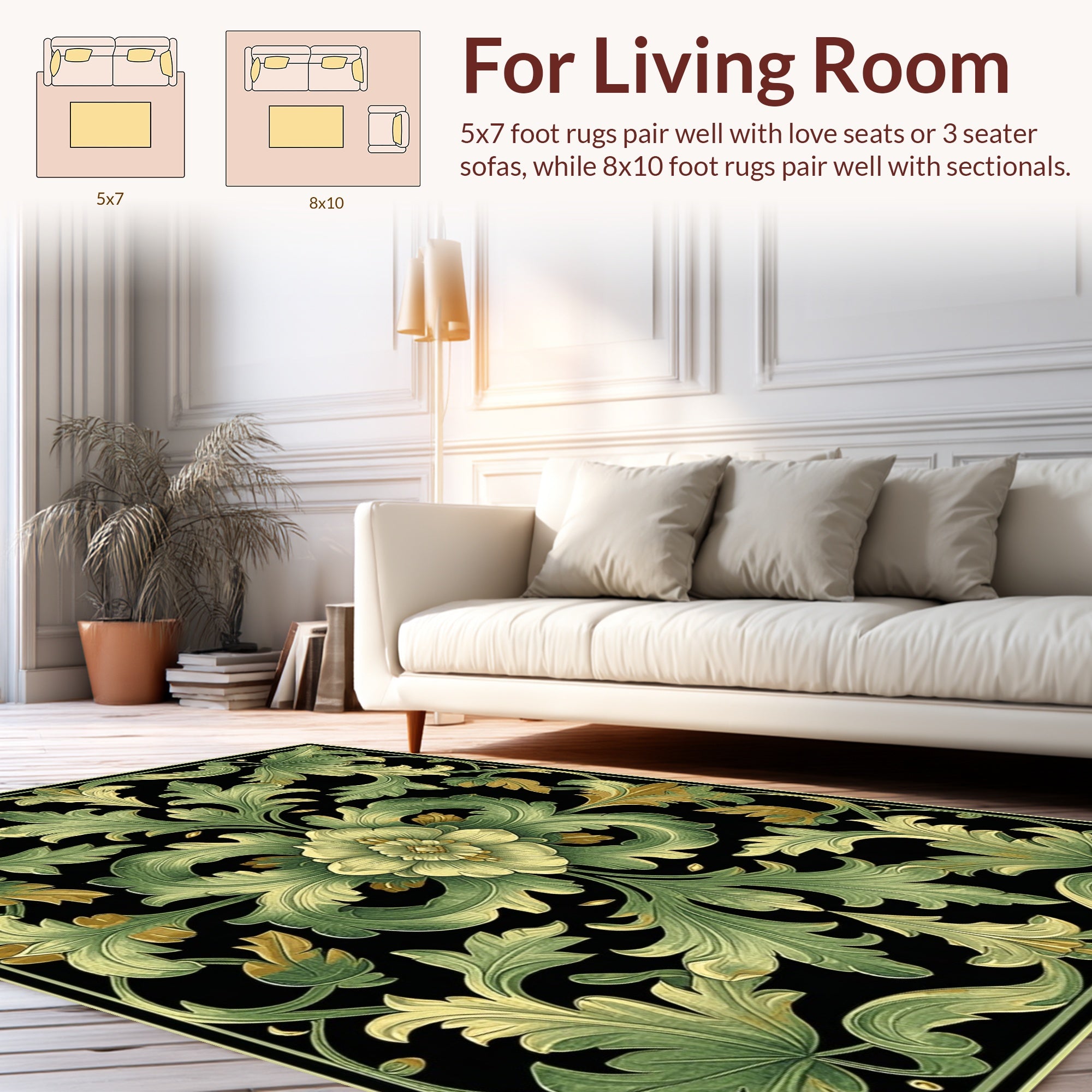 Elegant Green Floral Scroll Design Rug