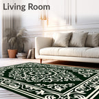 Dark Green Ivory Floral Medallion Border Rug